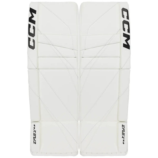 A photo of the CCM EFLEX 6.9 Intermediate Goalie Pads in colour white front view.