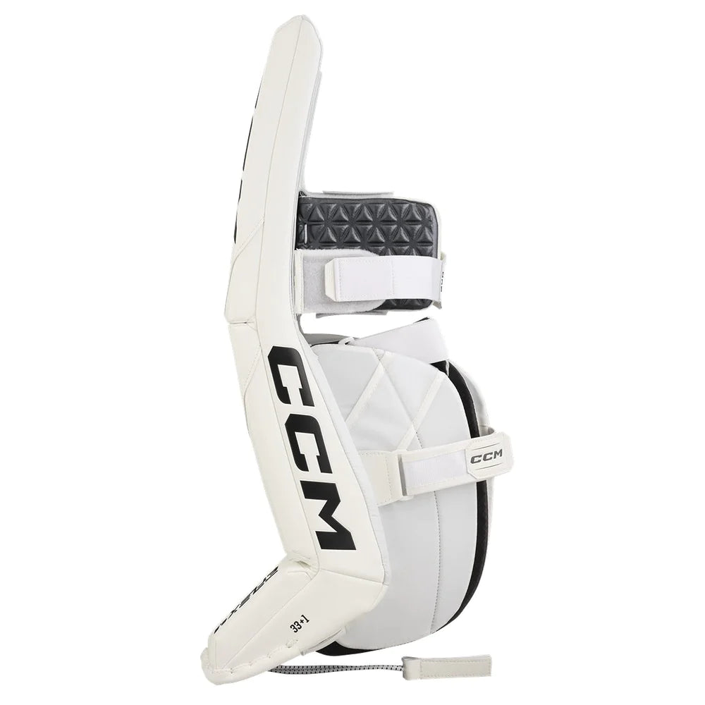 A photo of the CCM EFLEX 6.9 Intermediate Goalie Pads in colour white side view.