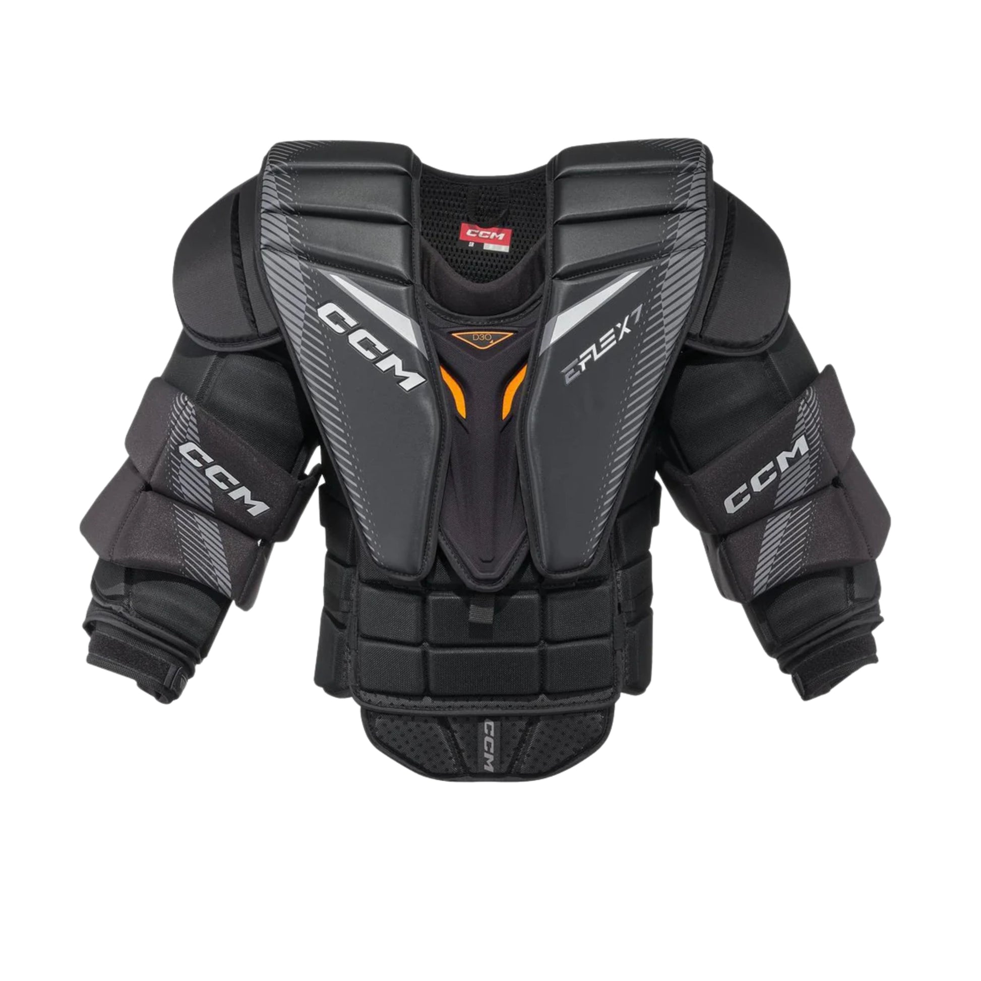 A photo of the CCM Extreme Flex 7 Senior Chest & Arm Protector in colour black and orange.