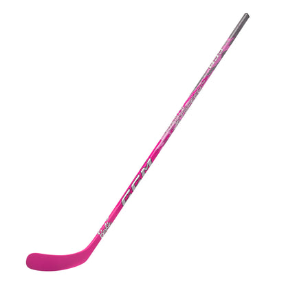 A photo of the CCM FTW X Barbie Hockey Stick in colour pink with white text.