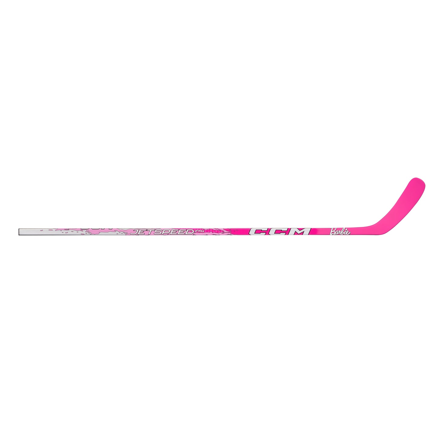 A photo of the CCM FTW X Barbie Hockey Stick in colour pink with white text.