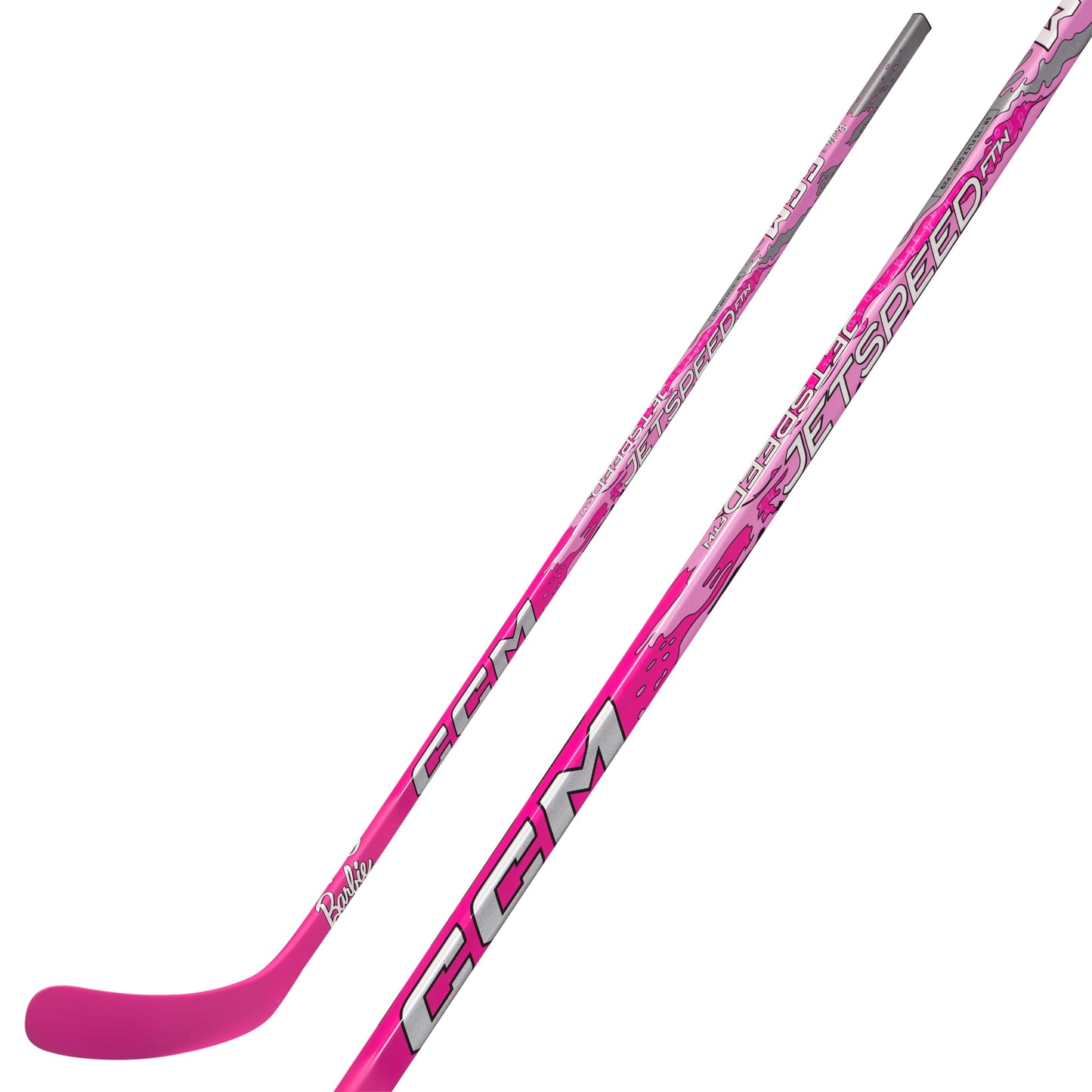 A photo of the CCM FTW X Barbie Hockey Stick in colour pink with white text.