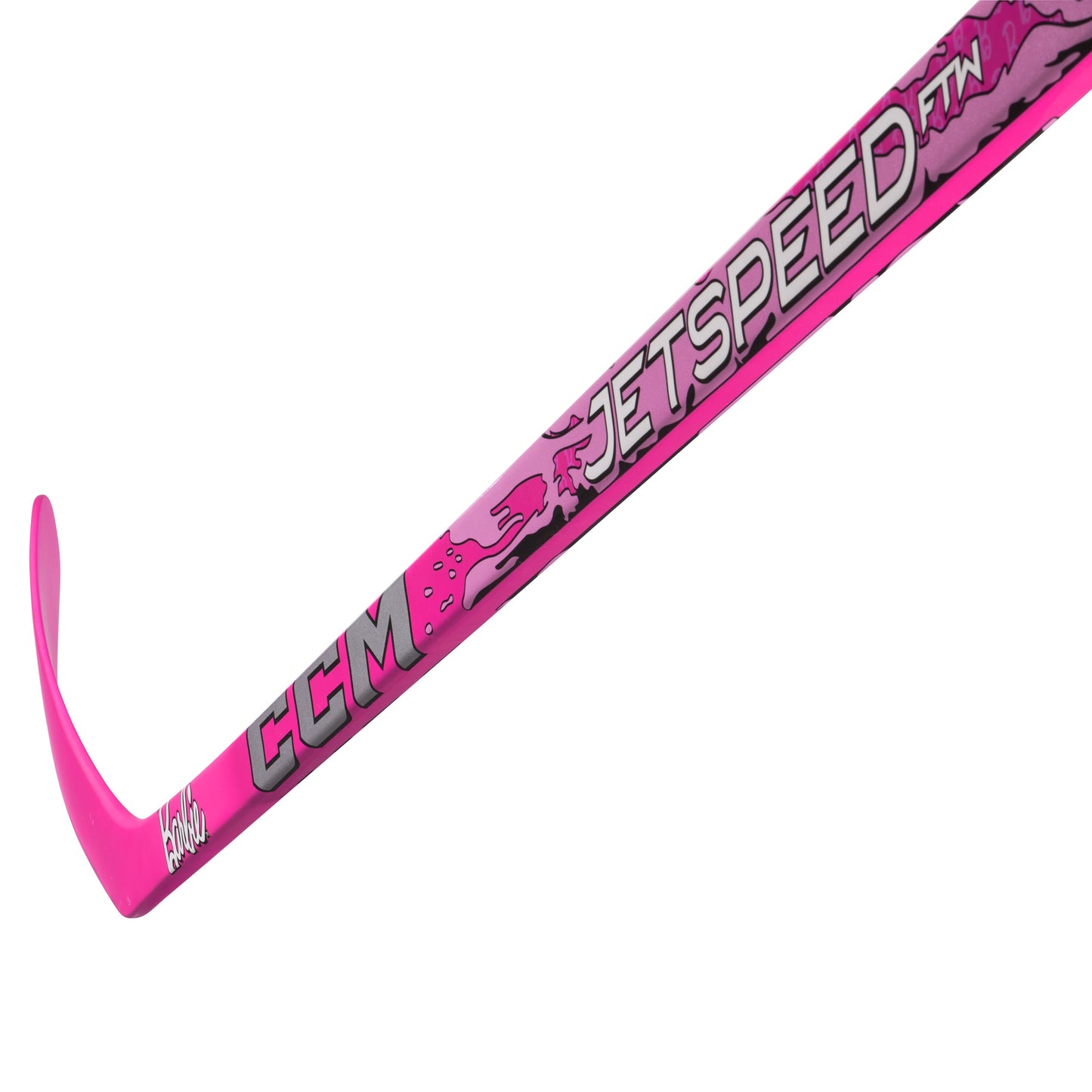 A photo of the CCM FTW X Barbie Hockey Stick in colour pink with white text.