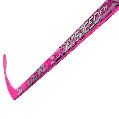 A photo of the CCM FTW X Barbie Hockey Stick in colour pink with white text.