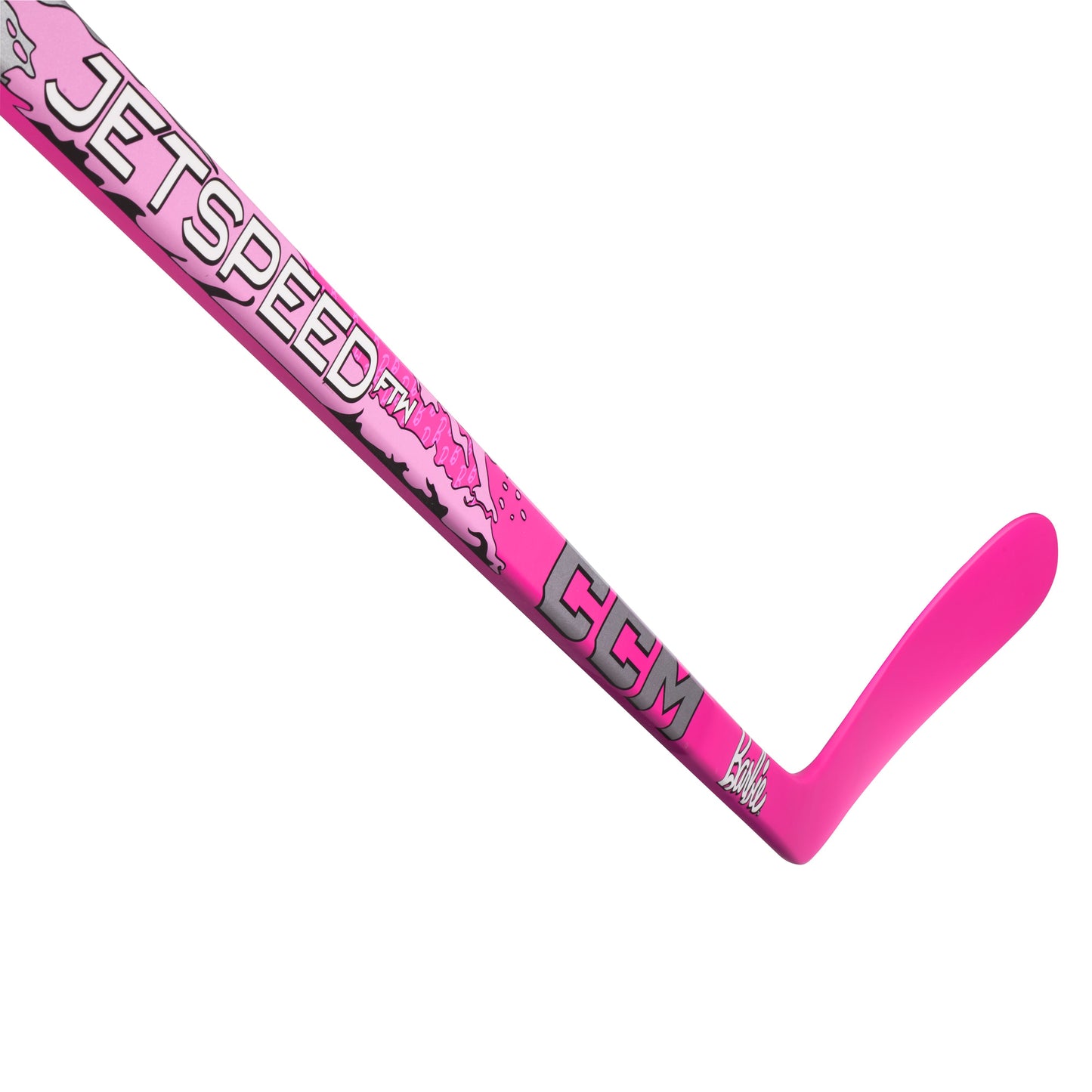 A photo of the CCM FTW X Barbie Hockey Stick in colour pink with white text.