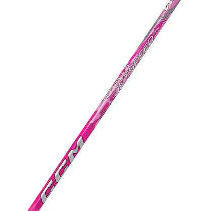 A photo of the CCM FTW X Barbie Hockey Stick in colour pink with white text.