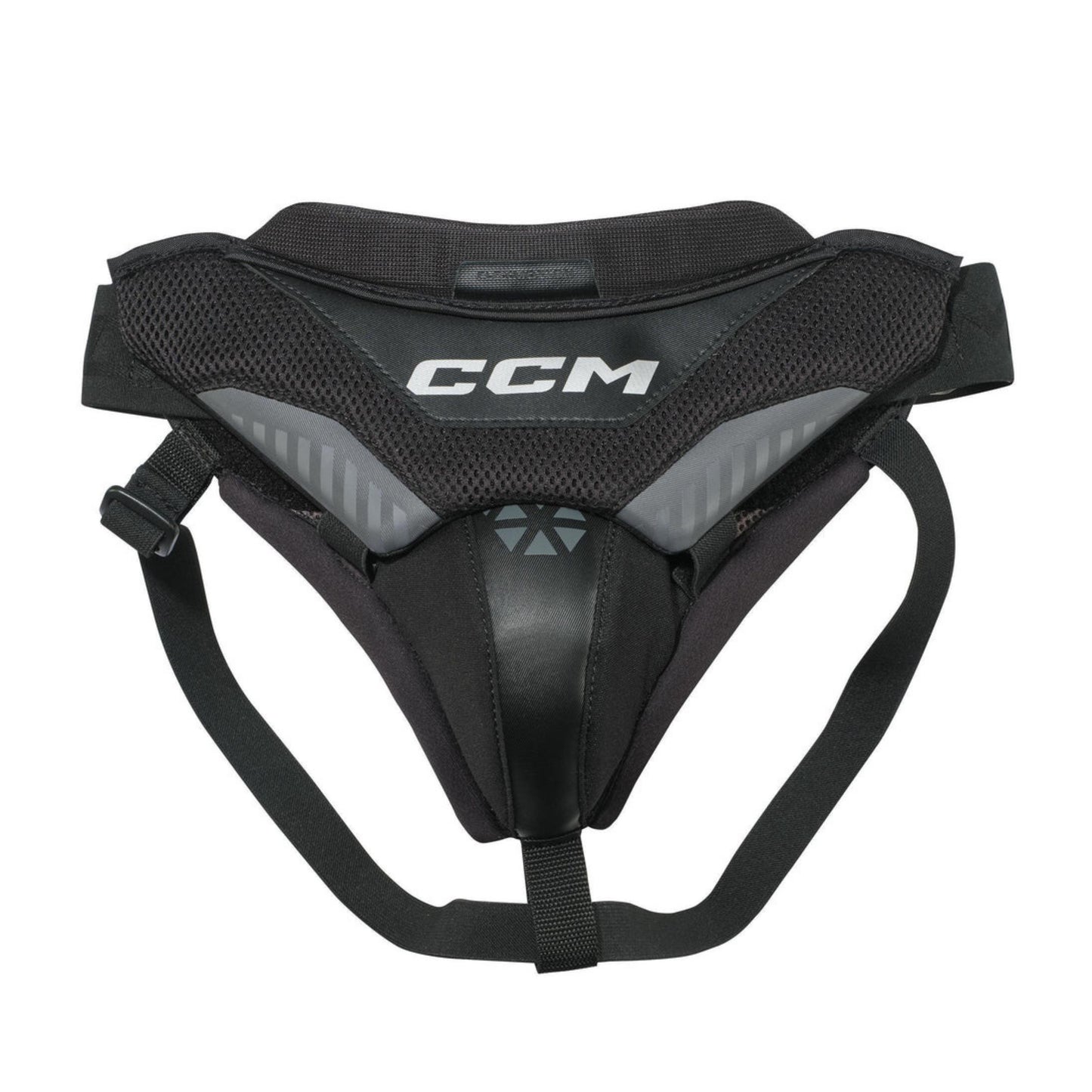 A photo of the CCM Goalie Pelvic Protector in colour black with white logo.