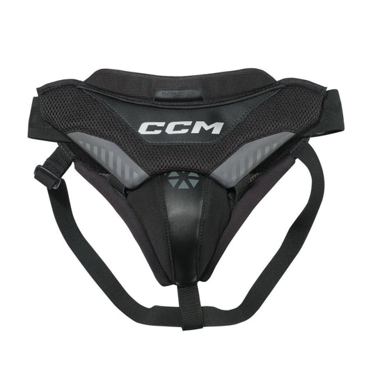 A photo of the CCM Goalie Pelvic Protector in colour black with white logo.
