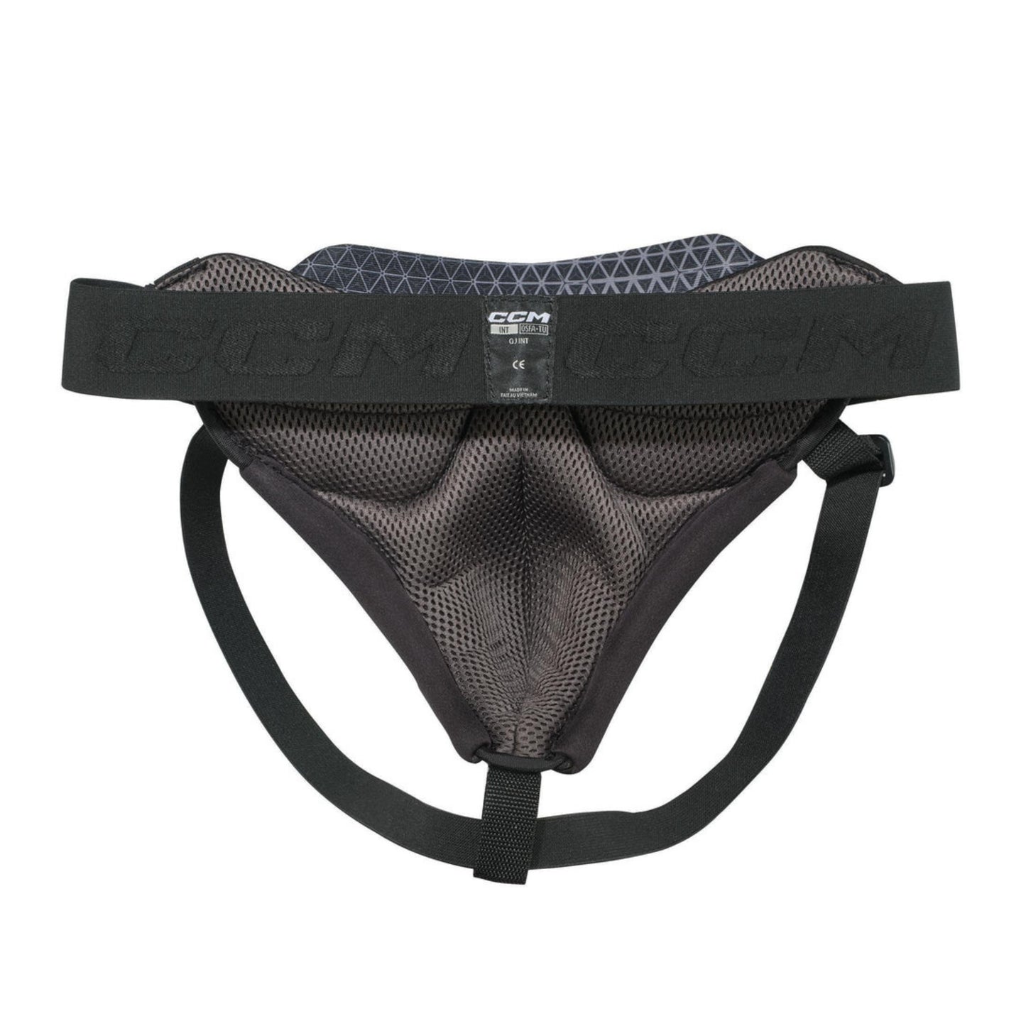 A photo of the CCM Goalie Pelvic Protector in colour black with white logo.
