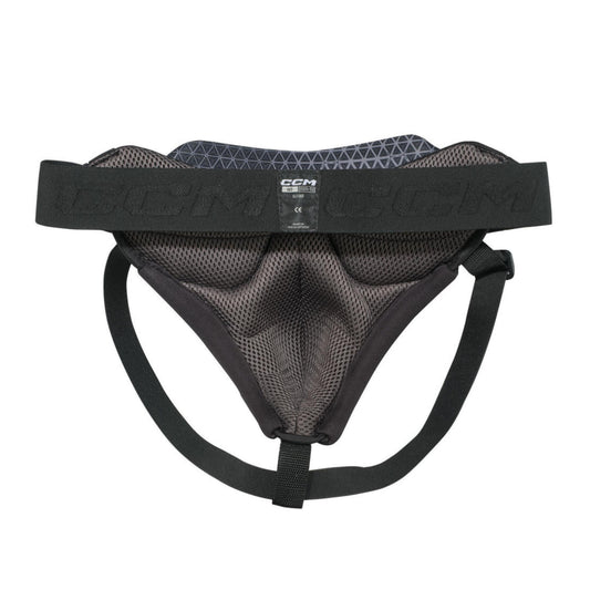 A photo of the CCM Goalie Pelvic Protector in colour black with white logo.