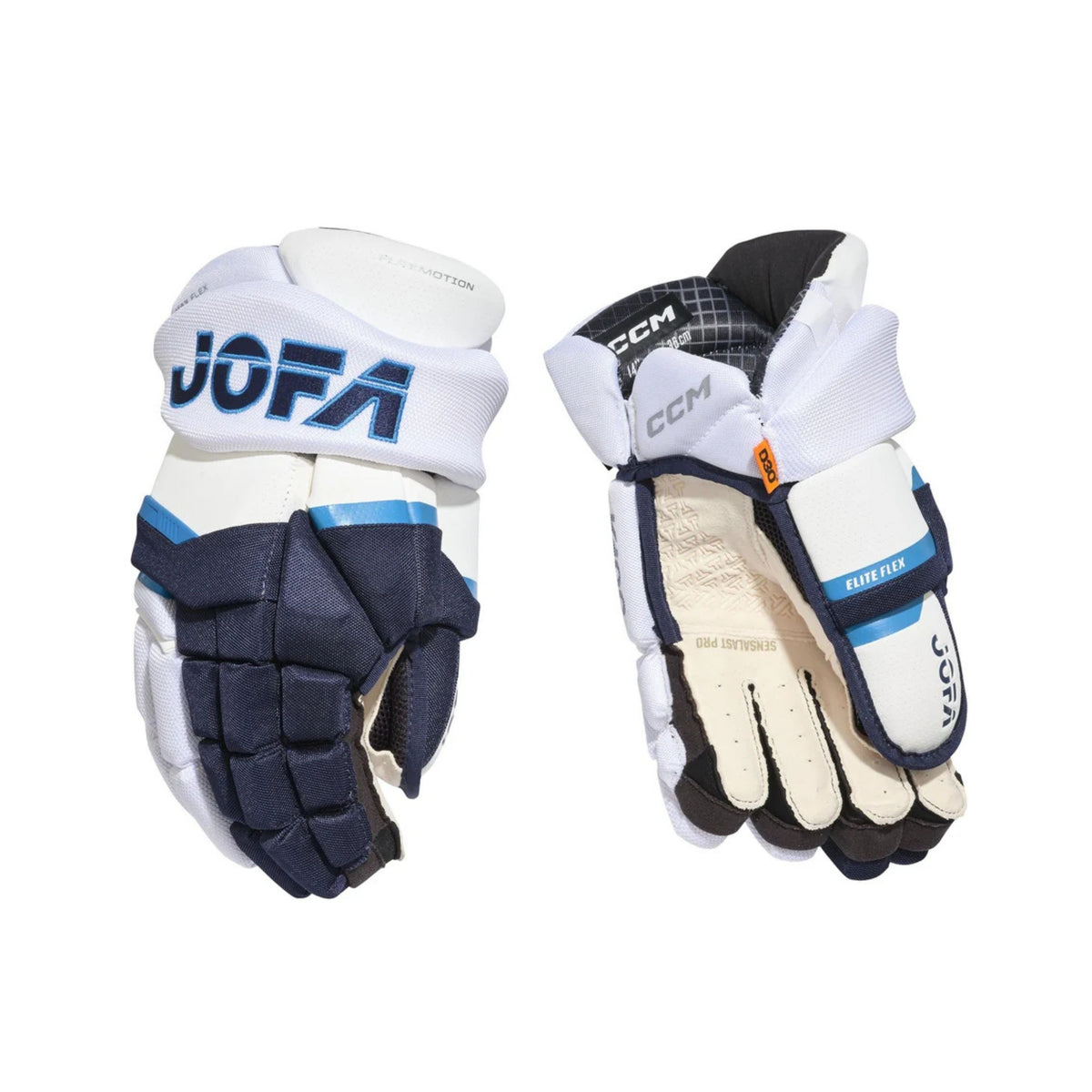 A phot of the CCM JOFA Senior Hockey Gloves (2026) in colour white, blue and navy.