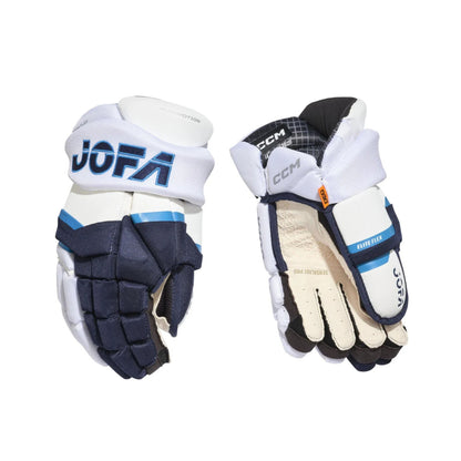 A phot of the CCM JOFA Senior Hockey Gloves (2026) in colour white, blue and navy.