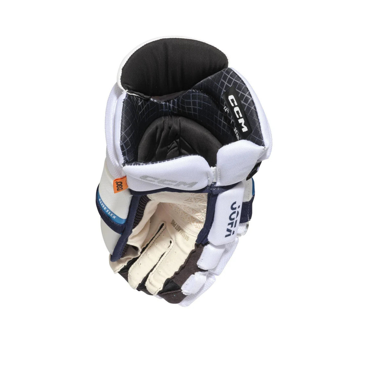 A phot of the CCM JOFA Senior Hockey Gloves (2026) in colour white, blue and navy.