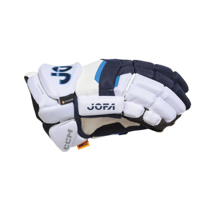 A phot of the CCM JOFA Senior Hockey Gloves (2026) in colour white, blue and navy.