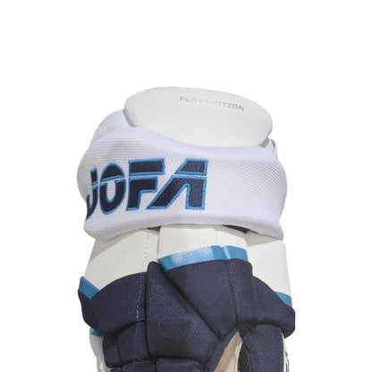 A phot of the CCM JOFA Senior Hockey Gloves (2026) in colour white, blue and navy.