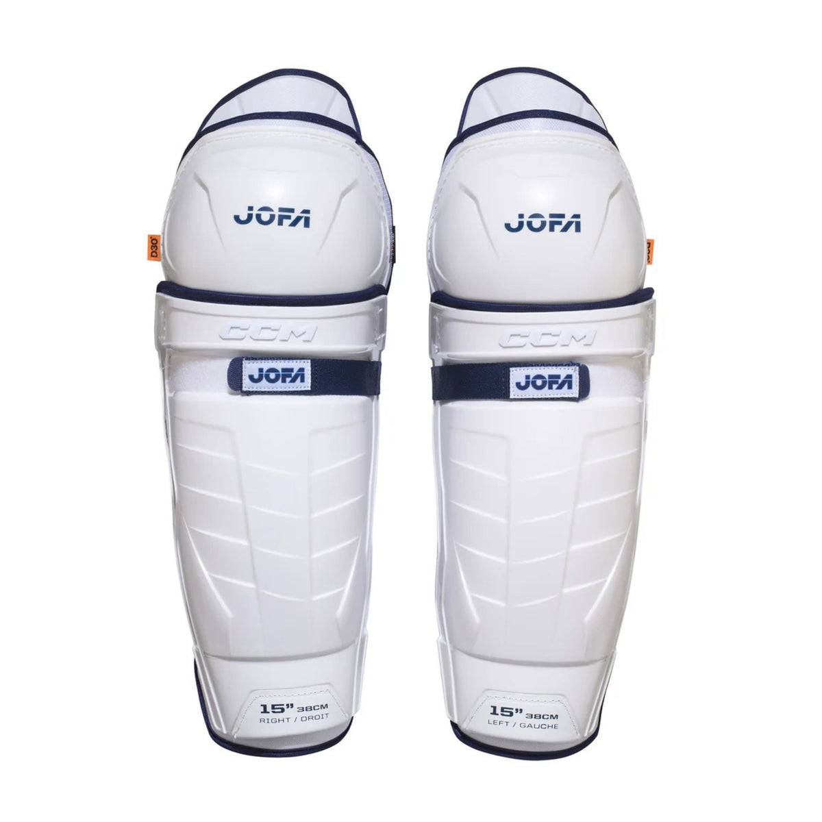 A photo of the CCM JOFA Senior Hockey Shin Guards (2026) in colour white and navy.