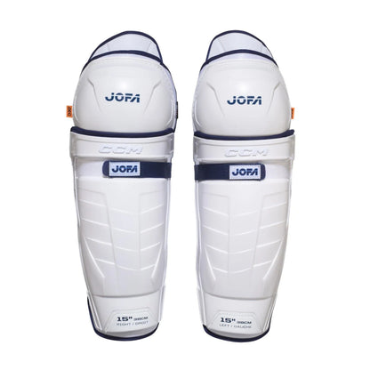 A photo of the CCM JOFA Senior Hockey Shin Guards (2026) in colour white and navy.