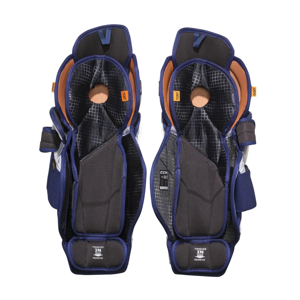 A photo of the CCM JOFA Senior Hockey Shin Guards (2026) in colour white and navy.