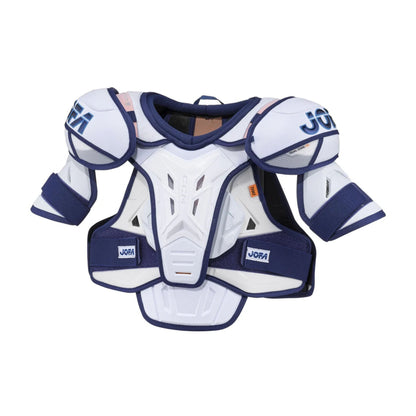 A photo of the CCM JOFA Senior Hockey Shoulder Pads (2026) in colour white and blue.