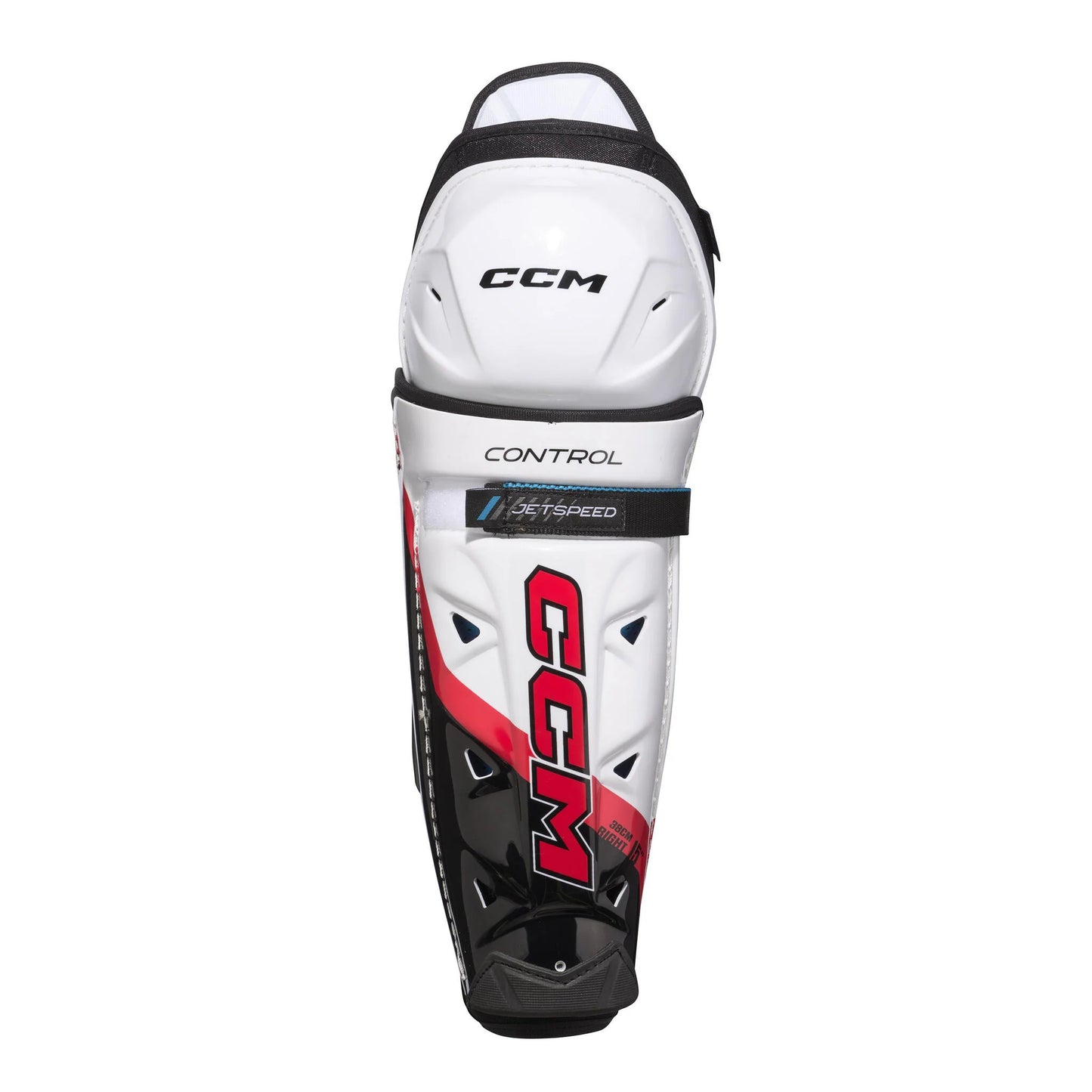 A photo of the CCM JetSpeed Control Hockey Shin Guards - Source Exclusive in colour white, black and red. Front view.