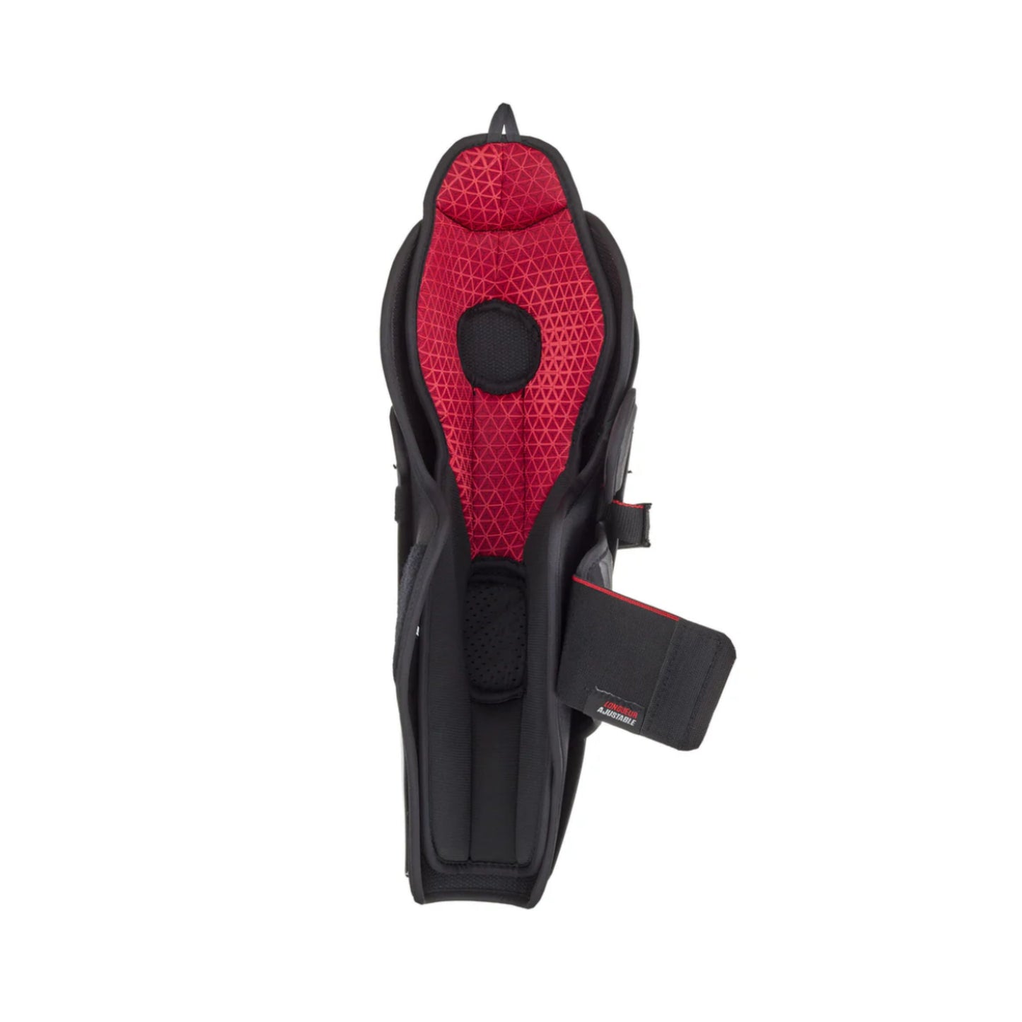 A photo of the CCM JetSpeed Control Junior Hockey Shin Guards in colour black and red.