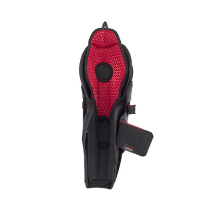 A photo of the CCM JetSpeed Control Junior Hockey Shin Guards in colour black and red.