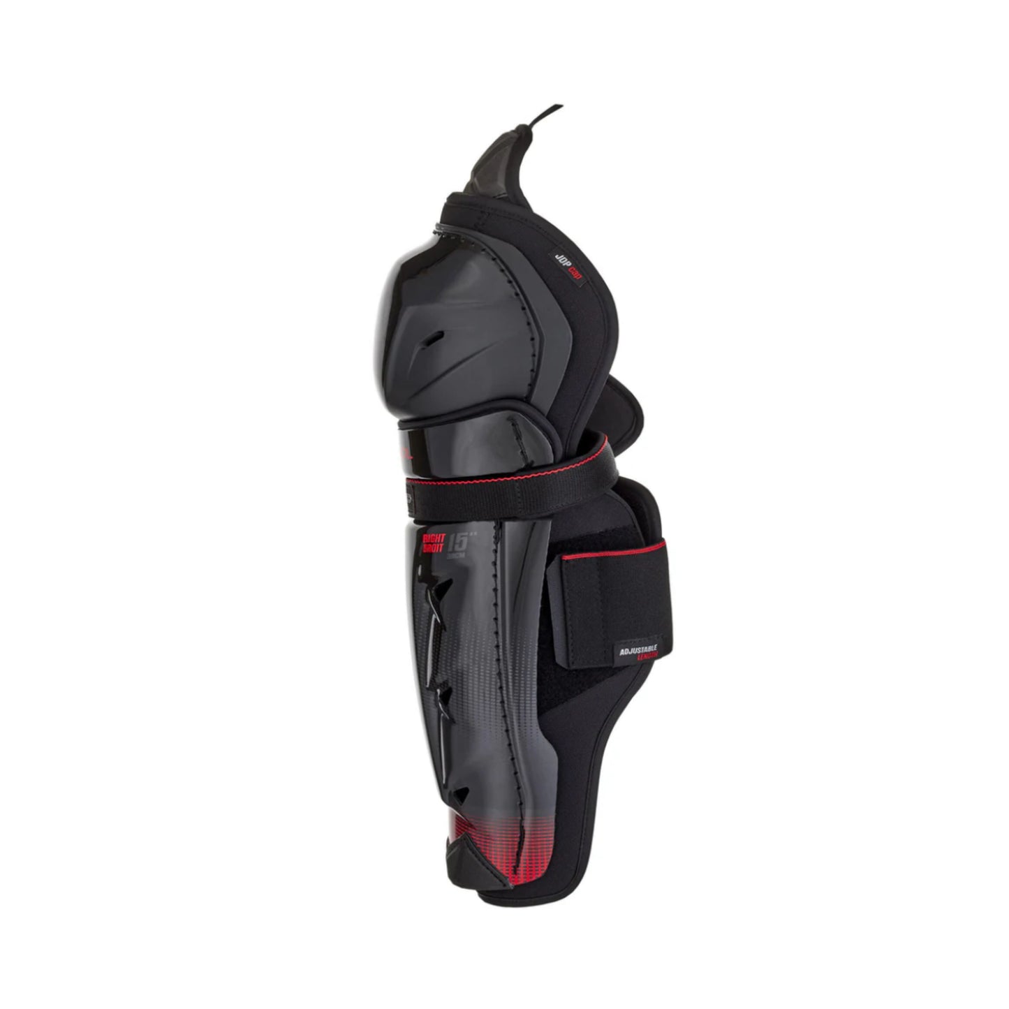 A photo of the CCM JetSpeed Control Junior Hockey Shin Guards in colour black and red.