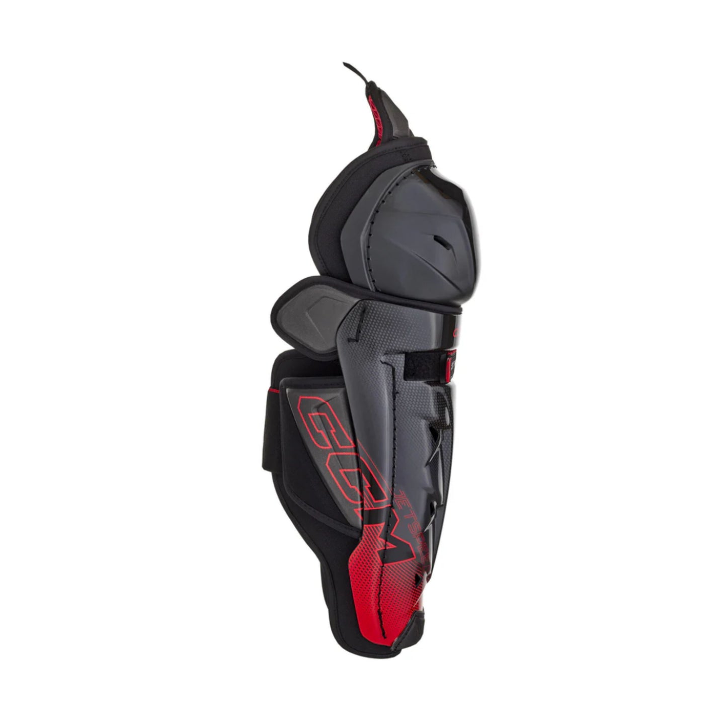 A photo of the CCM JetSpeed Control Junior Hockey Shin Guards in colour black and red.