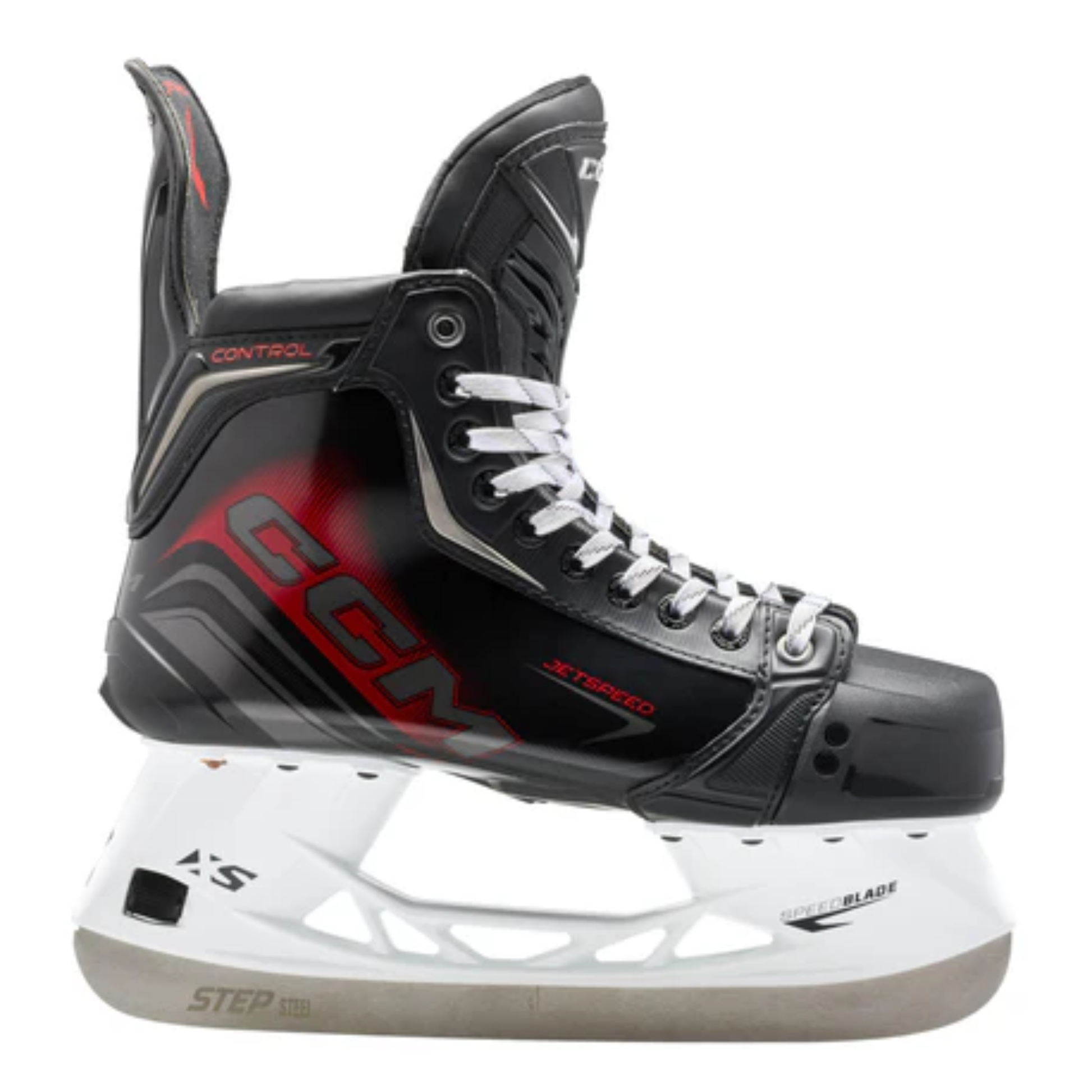 A photo of the CCM JetSpeed Control Senior Hockey Skates (2025) - Source Exclusive in colour red and black.