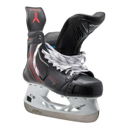 A photo of the CCM JetSpeed Control Senior Hockey Skates (2025) - Source Exclusive in colour red and black.