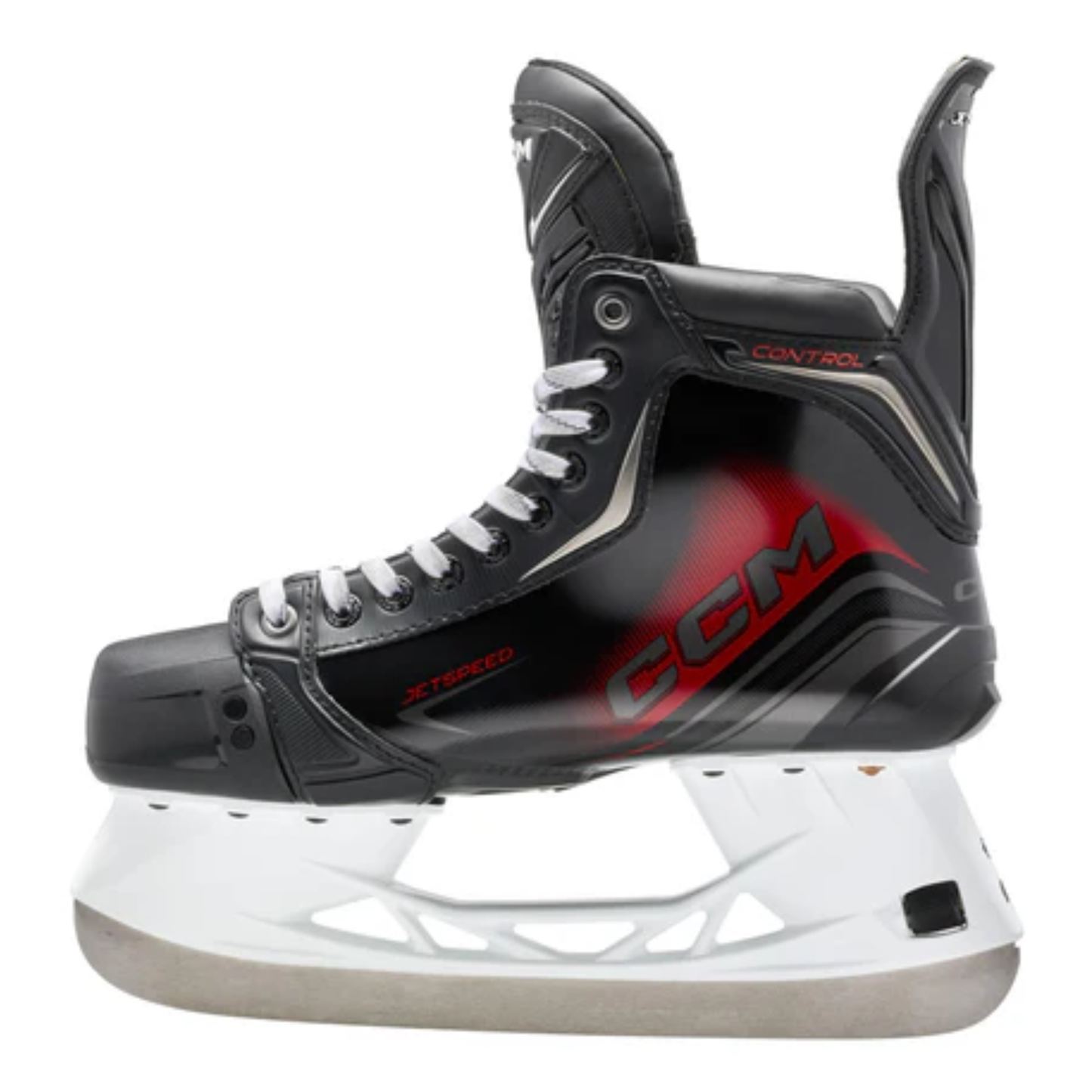 A photo of the CCM JetSpeed Control Senior Hockey Skates (2025) - Source Exclusive in colour red and black.