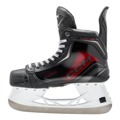 A photo of the CCM JetSpeed Control Senior Hockey Skates (2025) - Source Exclusive in colour red and black.