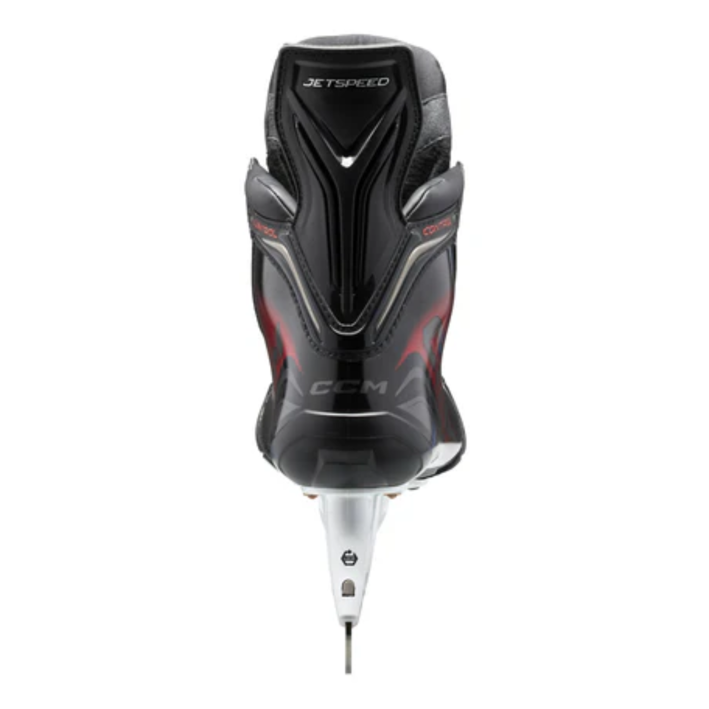 A photo of the CCM JetSpeed Control Senior Hockey Skates (2025) - Source Exclusive in colour red and black.