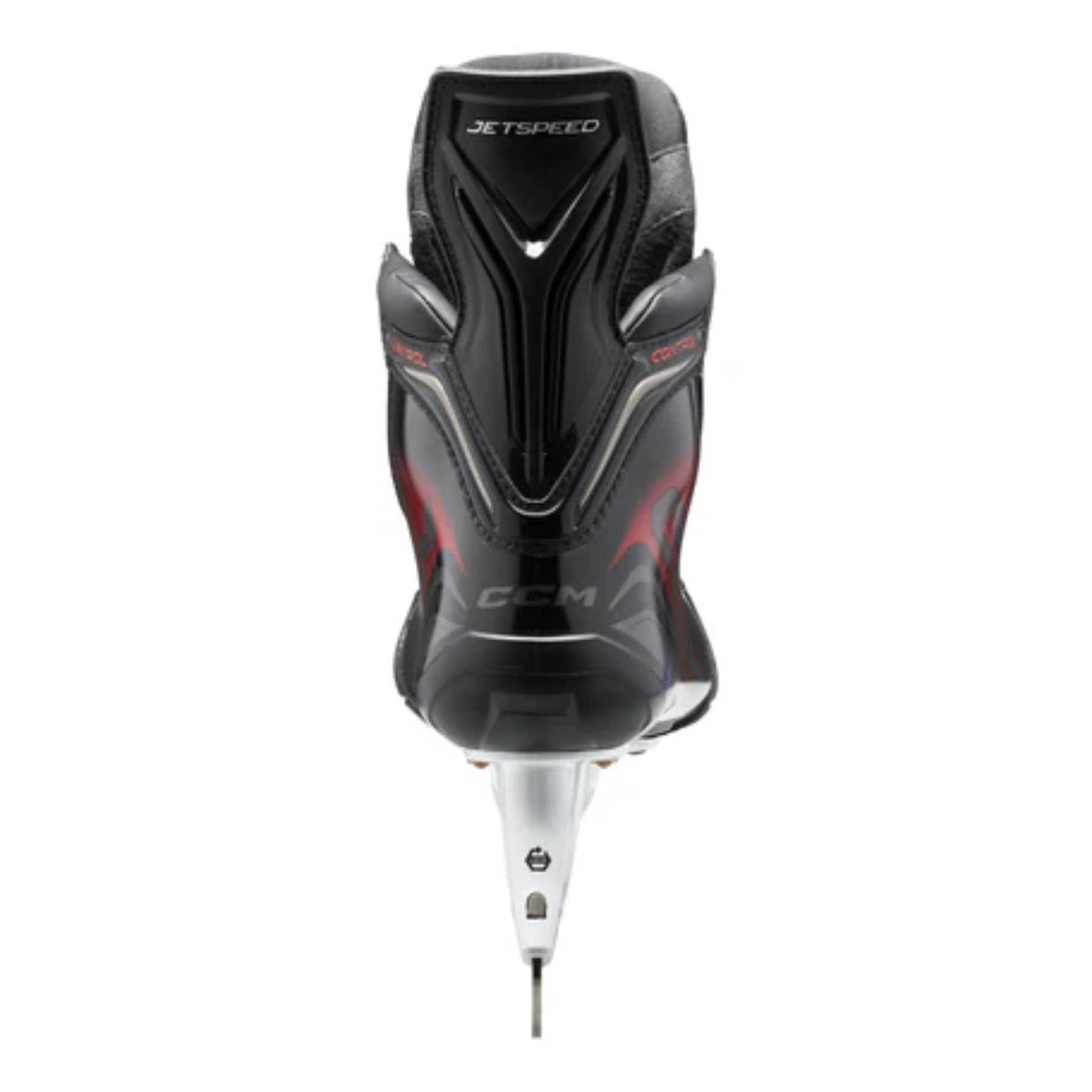 A photo of the CCM JetSpeed Control Senior Hockey Skates (2025) - Source Exclusive in colour red and black.