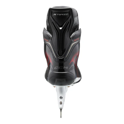 A photo of the CCM JetSpeed Control Senior Hockey Skates (2025) - Source Exclusive in colour red and black.