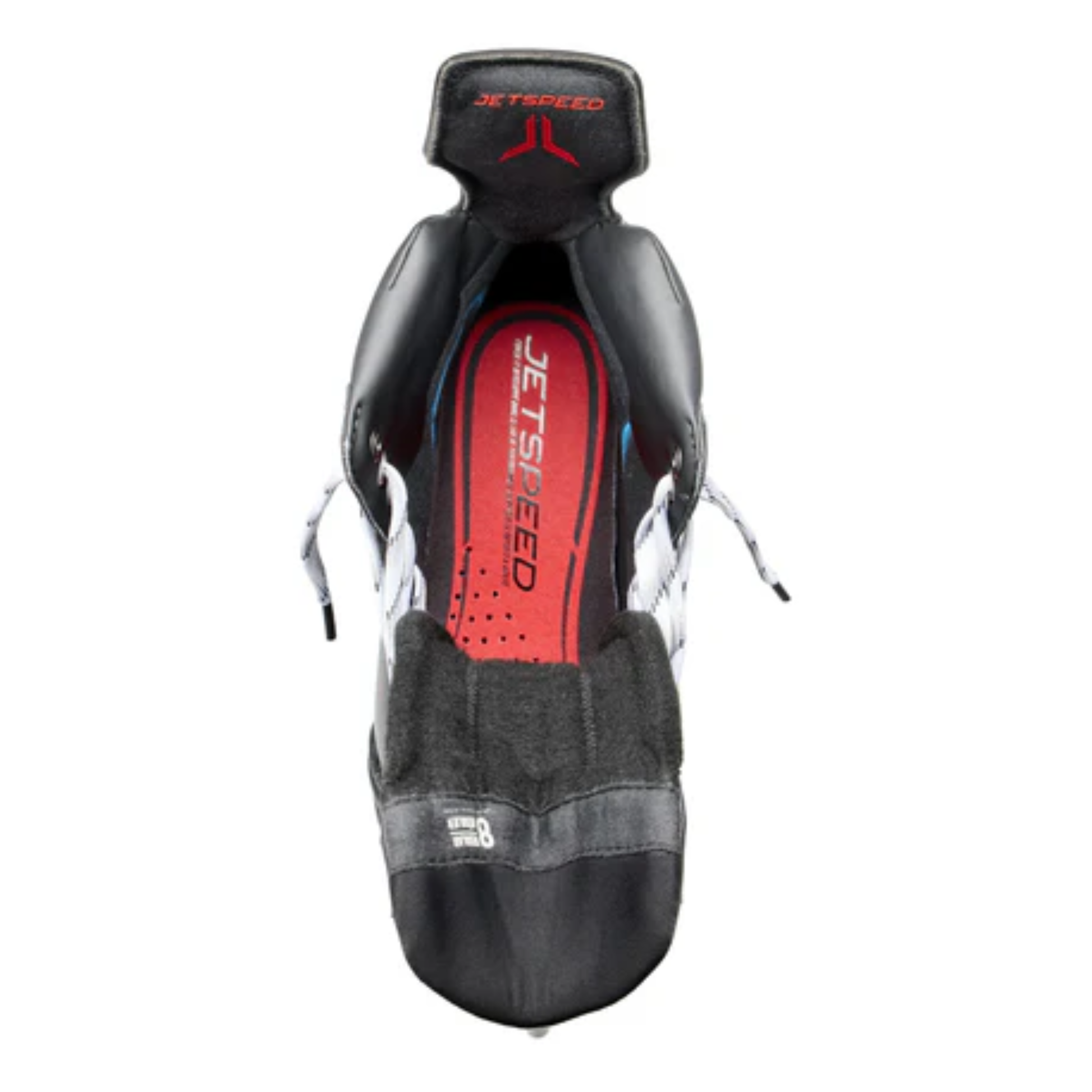 A photo of the CCM JetSpeed Control Senior Hockey Skates (2025) - Source Exclusive in colour red and black.