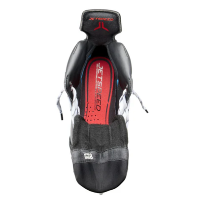 A photo of the CCM JetSpeed Control Senior Hockey Skates (2025) - Source Exclusive in colour red and black.