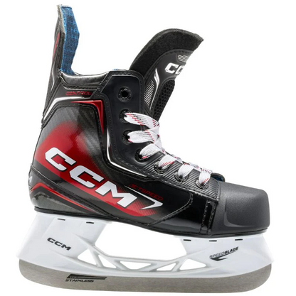 A photo of the CCM JetSpeed Control Youth Hockey Skates (2025) - Source Exclusive in colour black , red and grey.
