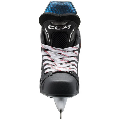 A photo of the CCM JetSpeed Control Youth Hockey Skates (2025) - Source Exclusive in colour black , red and grey.