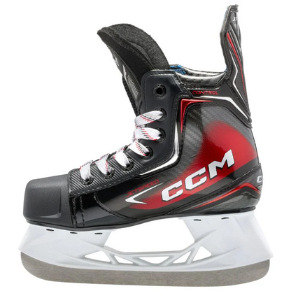 A photo of the CCM JetSpeed Control Youth Hockey Skates (2025) - Source Exclusive in colour black , red and grey.