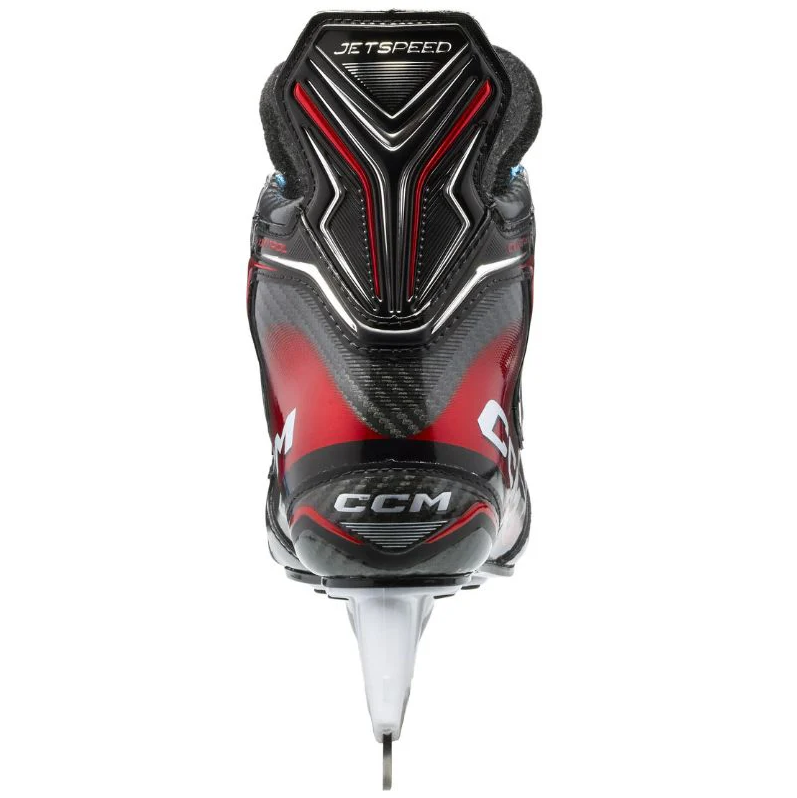 A photo of the CCM JetSpeed Control Youth Hockey Skates (2025) - Source Exclusive in colour black , red and grey.