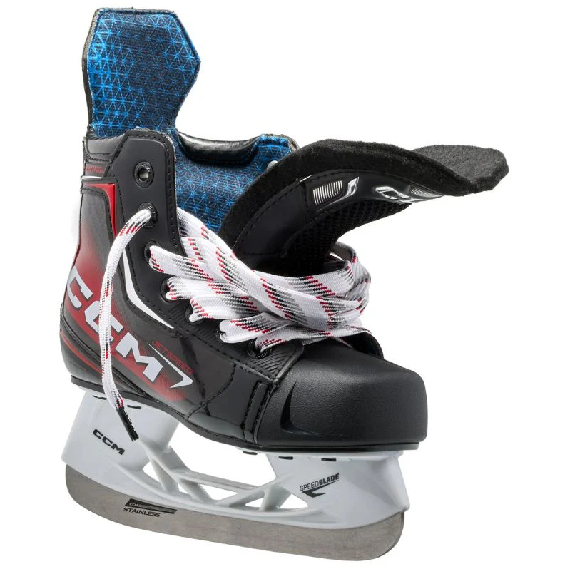 A photo of the CCM JetSpeed Control Youth Hockey Skates (2025) - Source Exclusive in colour black , red and grey.