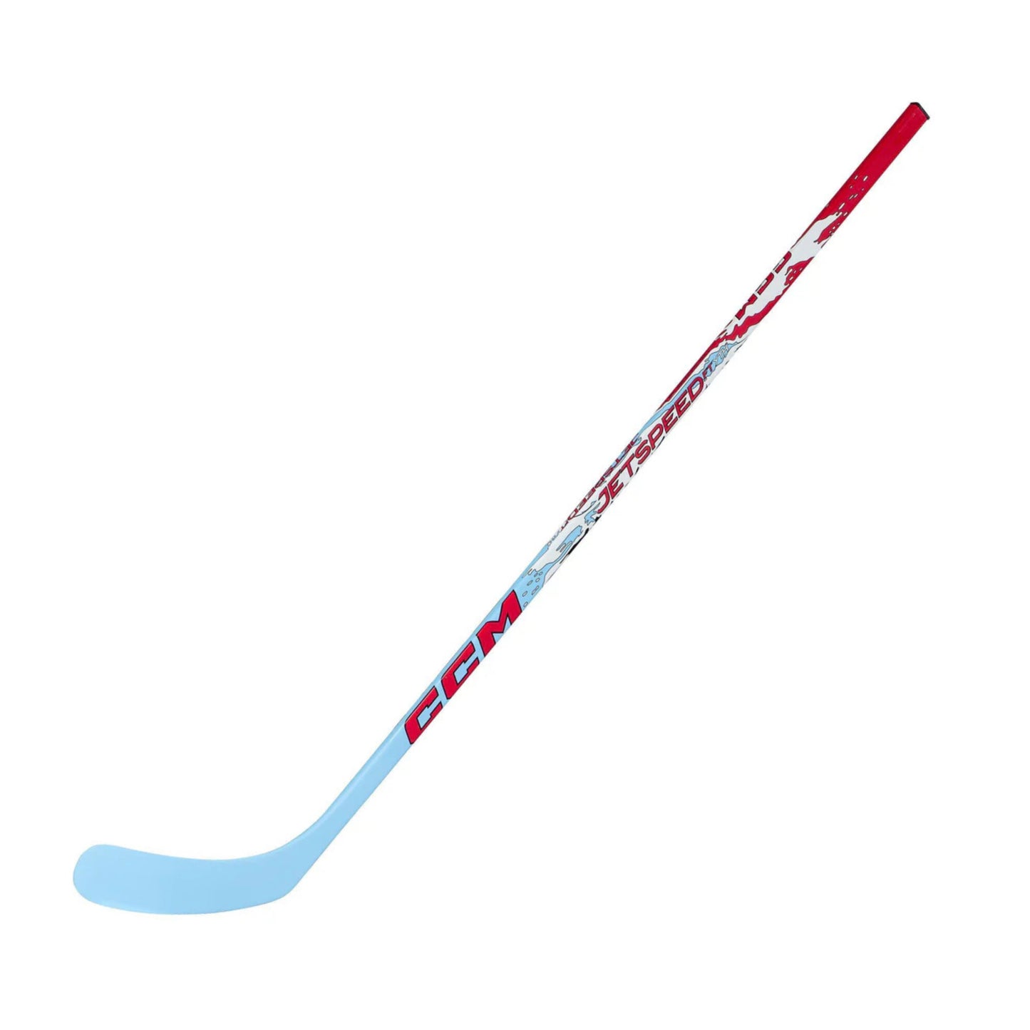 A photo of the CCM JetSpeed FT Youth Hockey Stick (2026) in color blue, white and red with red text.