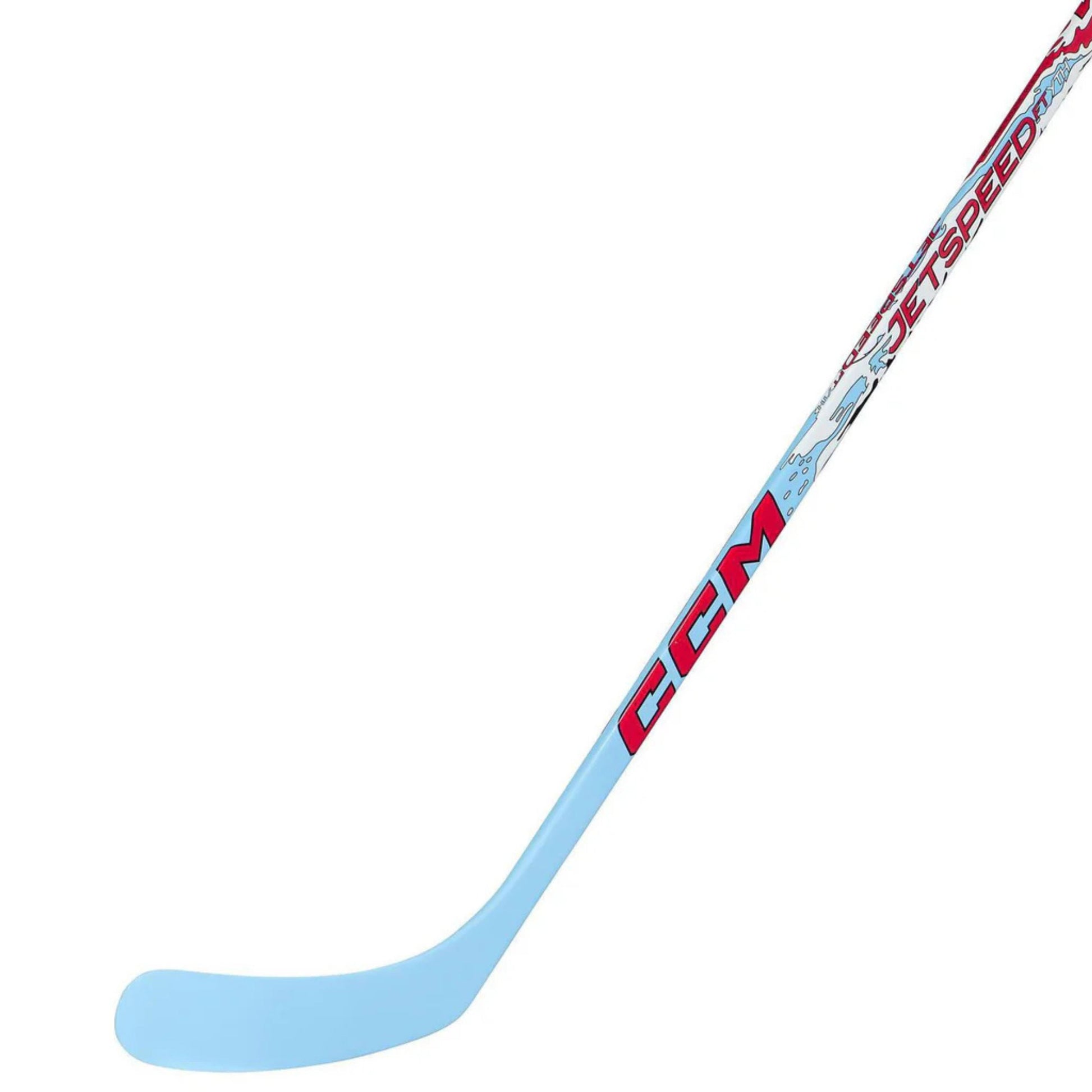 A photo of the CCM JetSpeed FT Youth Hockey Stick (2026) in color blue, white and red with red text.