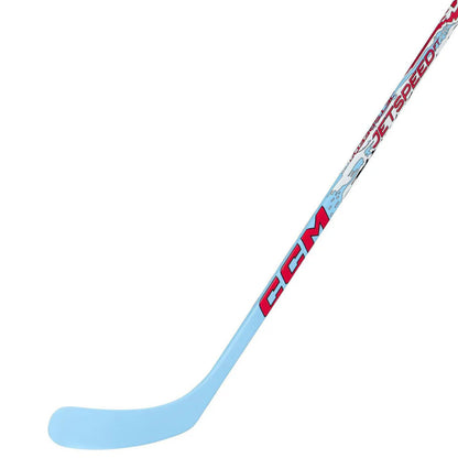 A photo of the CCM JetSpeed FT Youth Hockey Stick (2026) in color blue, white and red with red text.