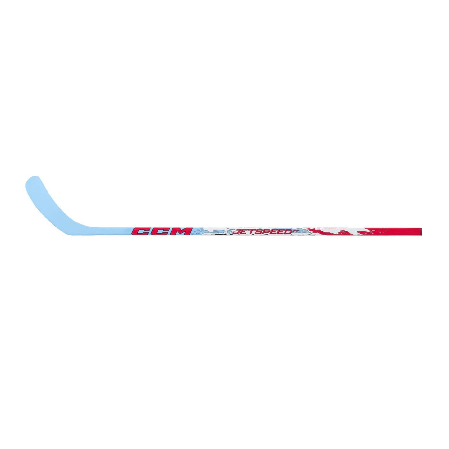A photo of the CCM JetSpeed FT Youth Hockey Stick (2026) in color blue, white and red with red text.