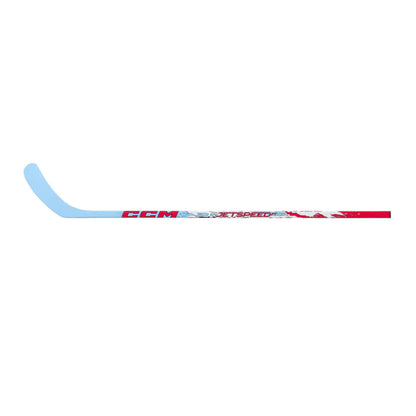A photo of the CCM JetSpeed FT Youth Hockey Stick (2026) in color blue, white and red with red text.