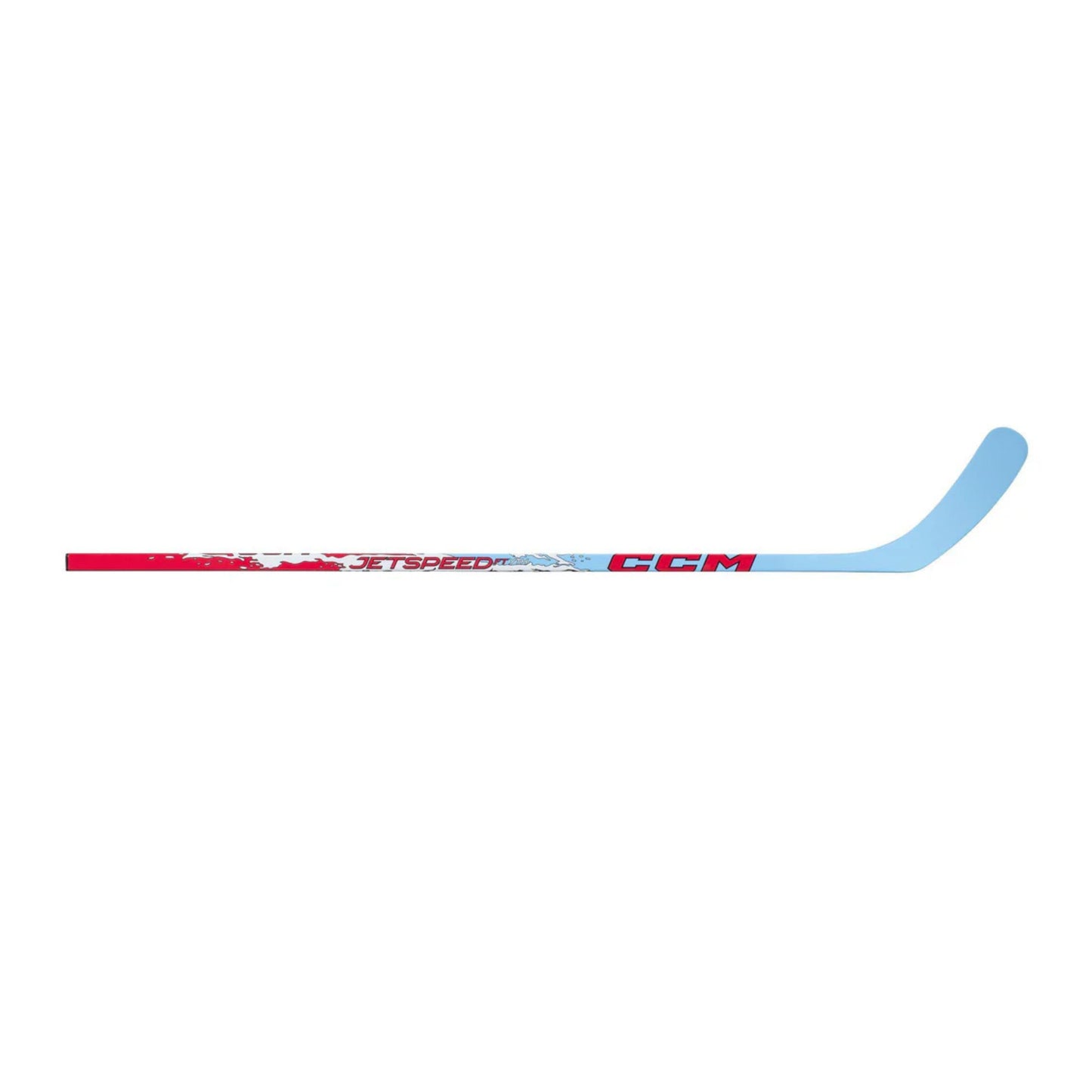 A photo of the CCM JetSpeed FT Youth Hockey Stick (2026) in color blue, white and red with red text.