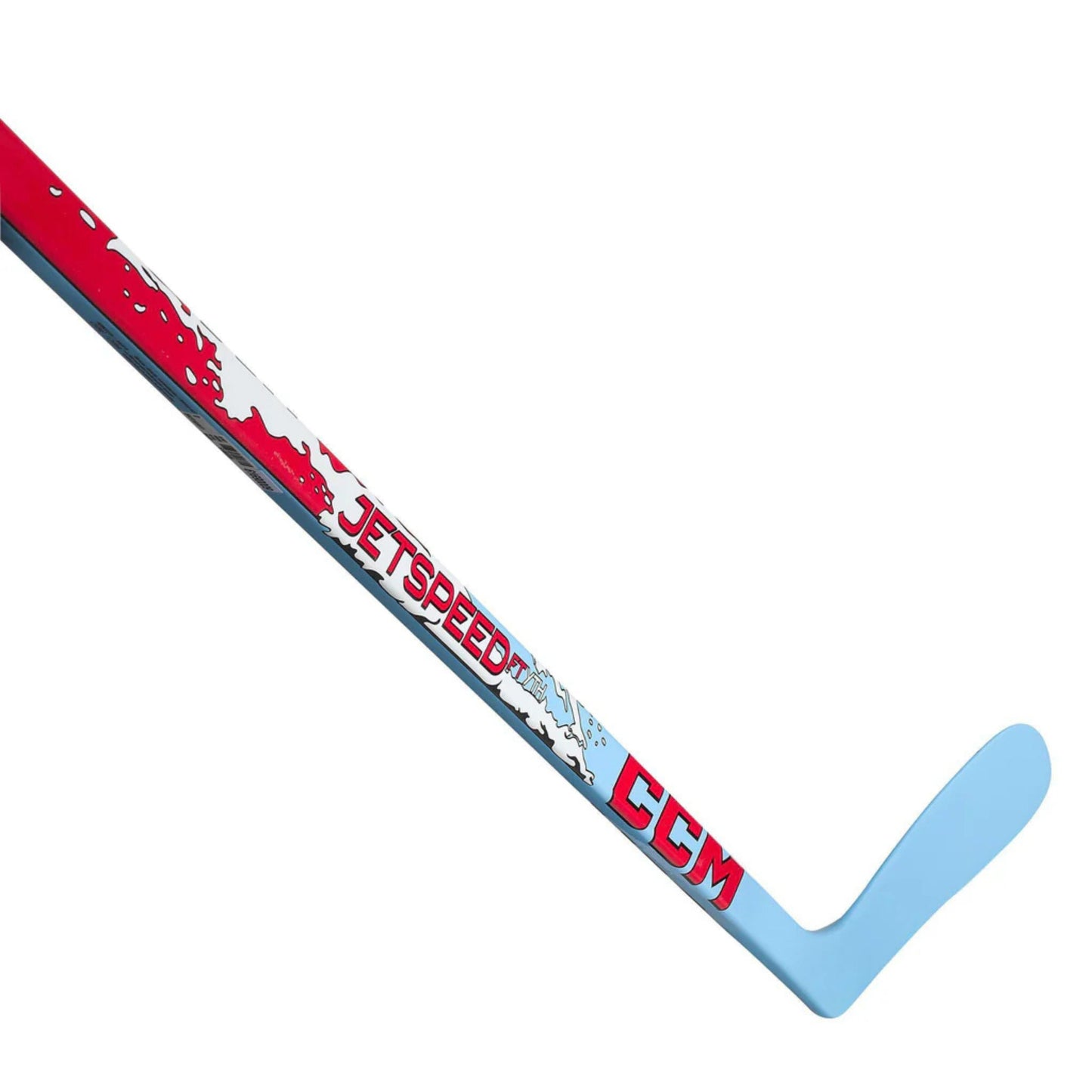 A photo of the CCM JetSpeed FT Youth Hockey Stick (2026) in color blue, white and red with red text.