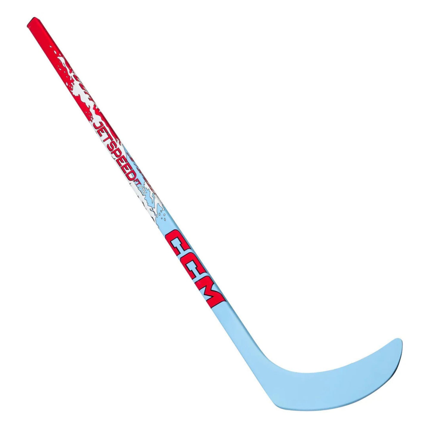 A photo of the CCM JetSpeed FT Youth Hockey Stick (2026) in color blue, white and red with red text.
